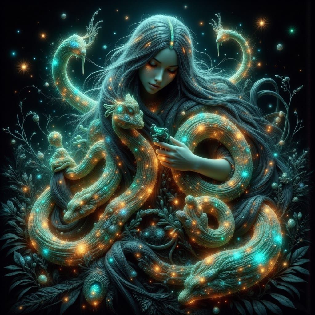 Mystical Woman in Fluorescent Cave with Snakes
