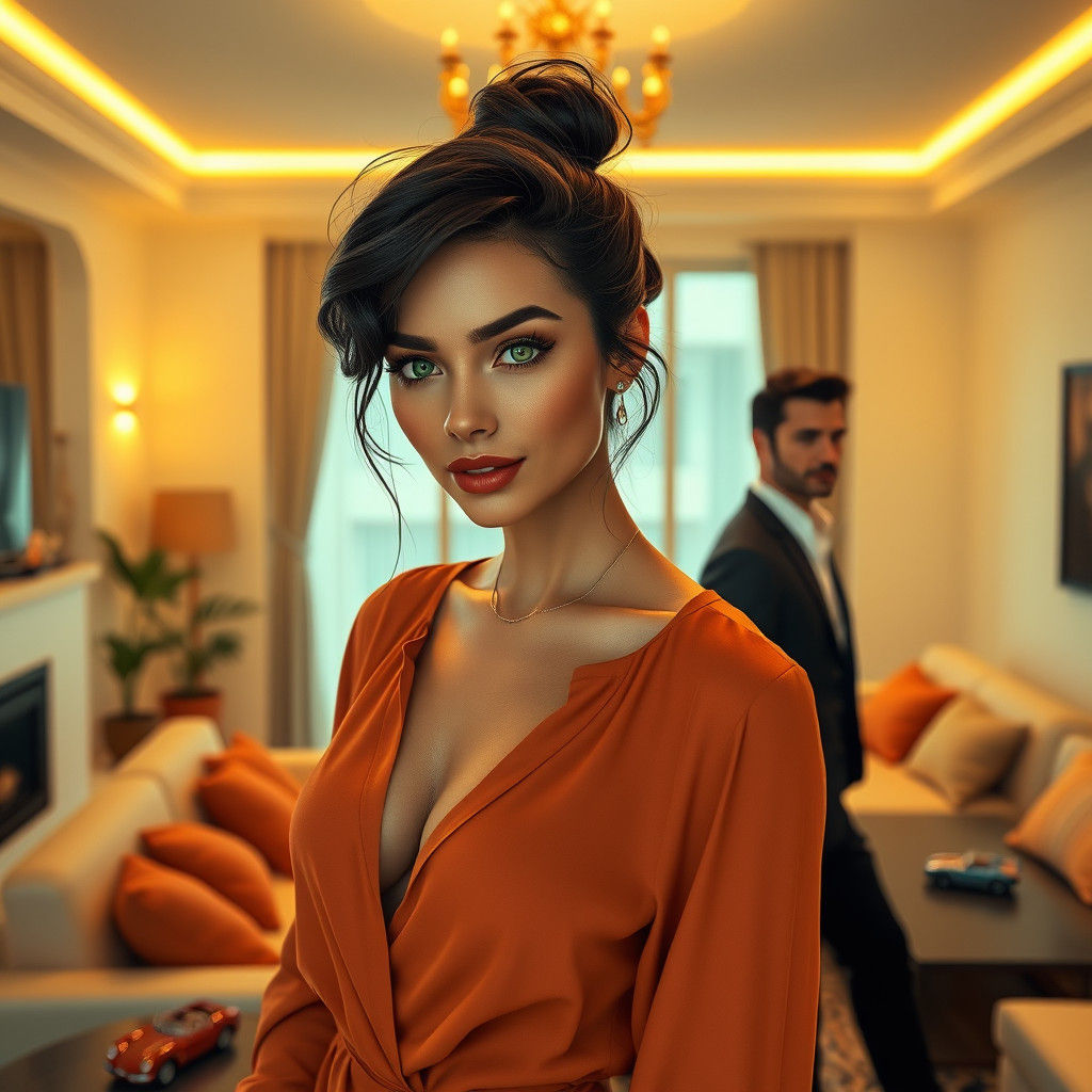 Brunette with Green Eyes in Bright Living Room