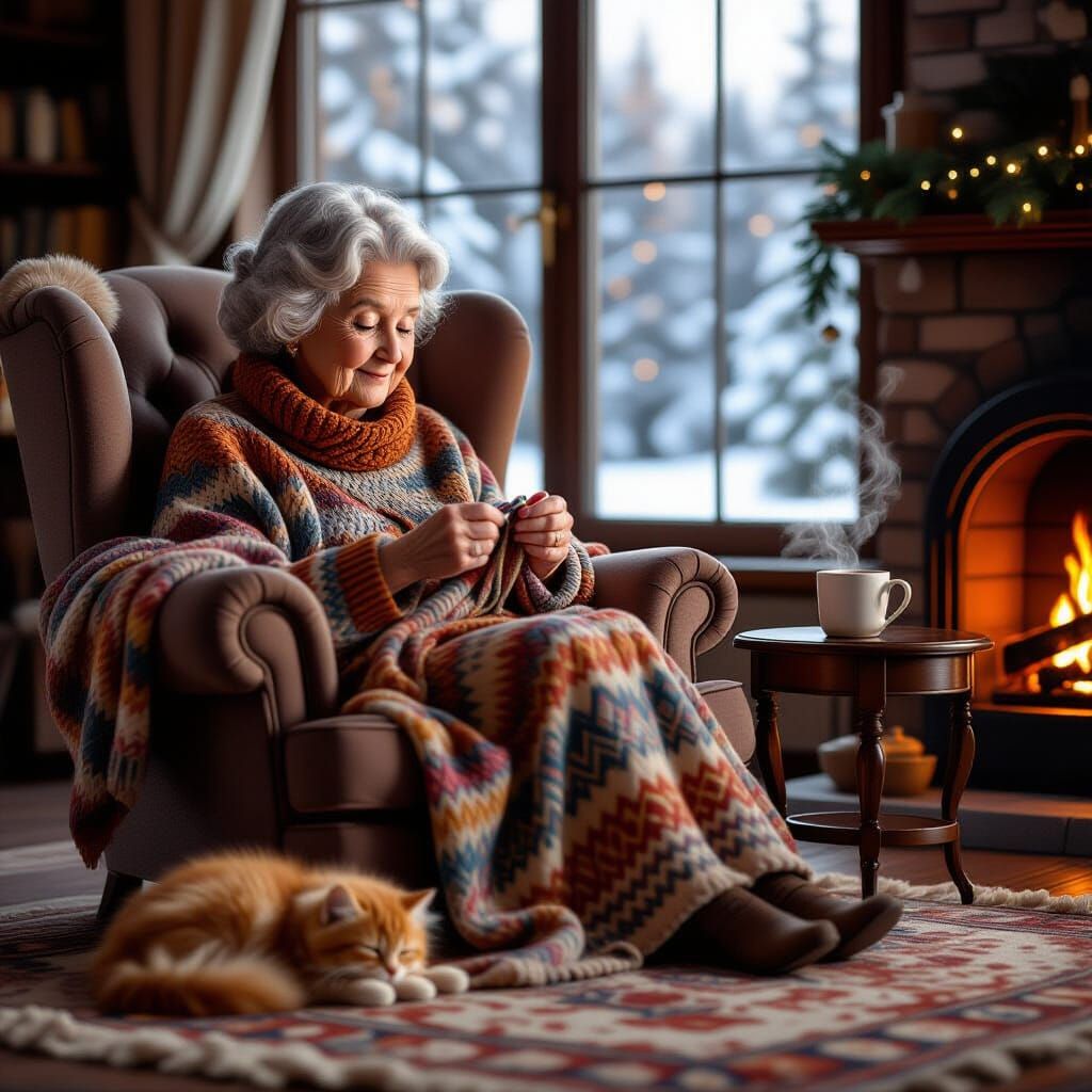 Cozy Grandma Crocheting With Kitten by Fireplace