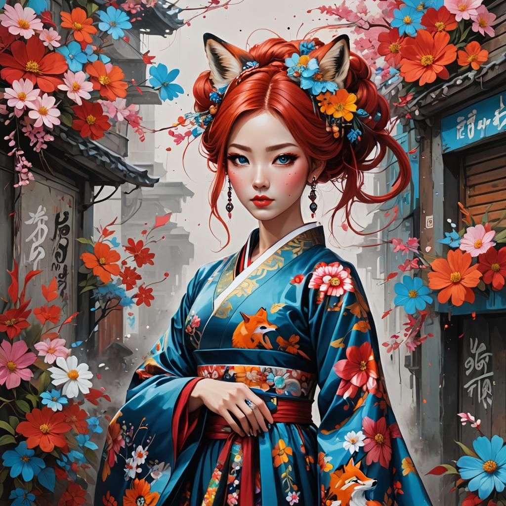 Korean Woman in Hanbok, Graffiti Art Style