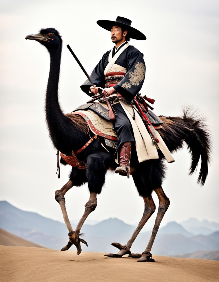 Samurai Cowboy Rides Ostrich: Digital Art