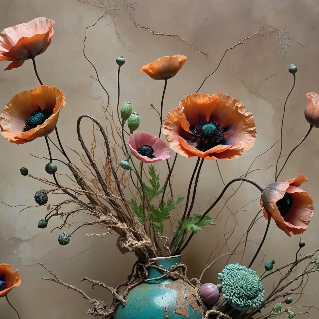 Blue Poppies in Raku Flask as Hyperrealistic Art