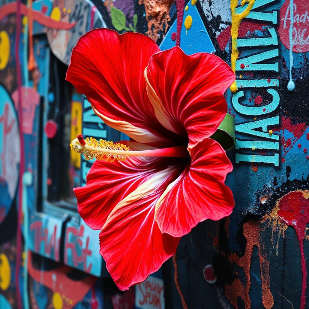 Hyperrealistic Hibiscus Flower in Street Art Style