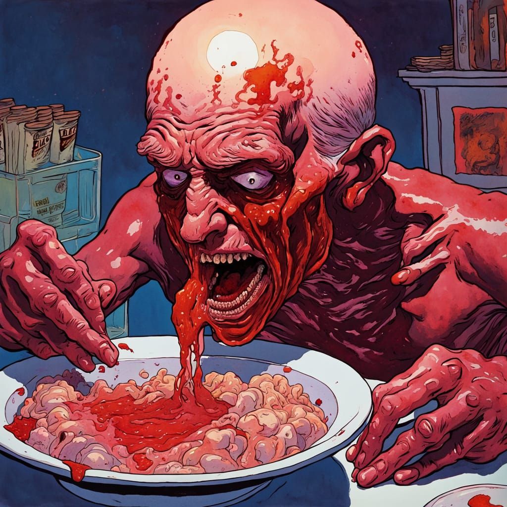 Ghoul Vomiting Maggots and Blood in Retro Comic Style