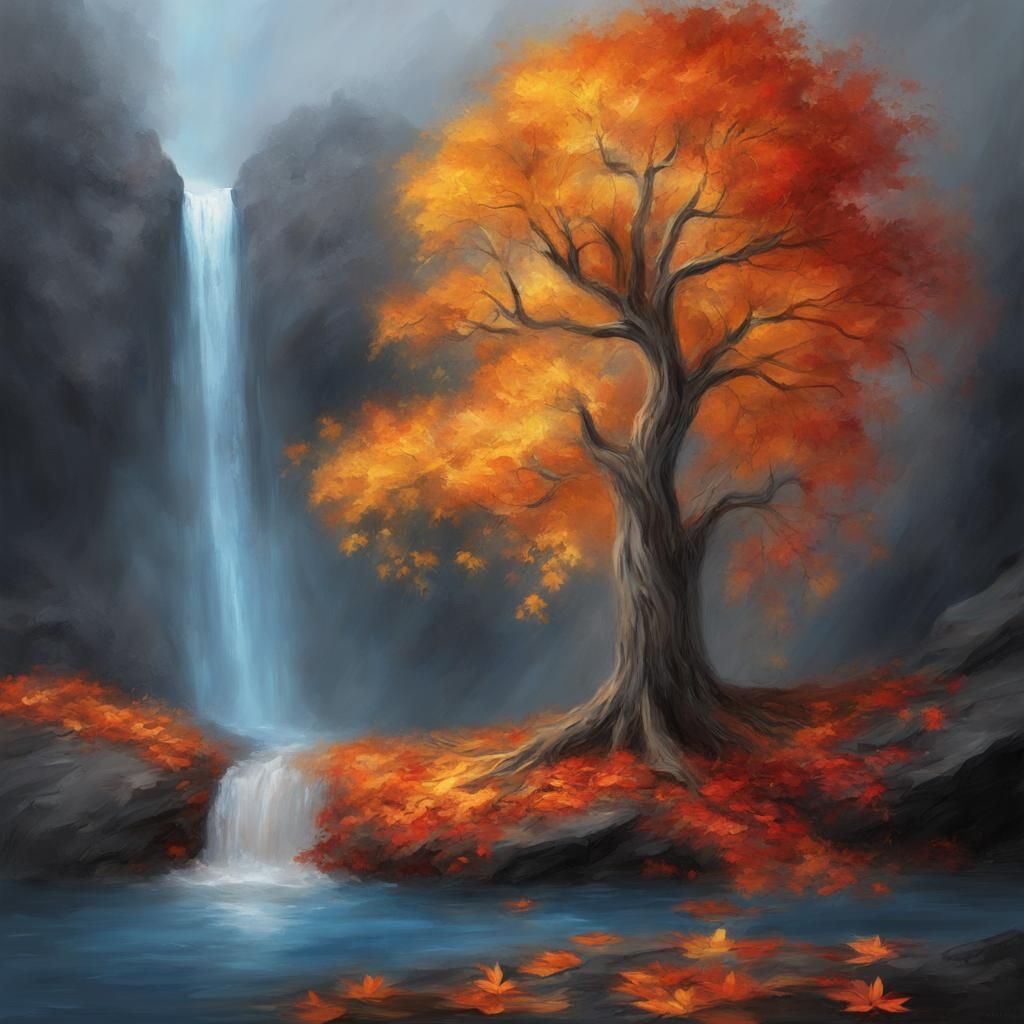 Autumn Tree by Blue Waterfall: Digital Fantasy Art