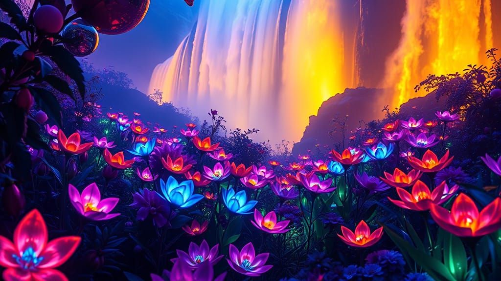 Bioluminescent Flower Garden Through Crystal Prisms
