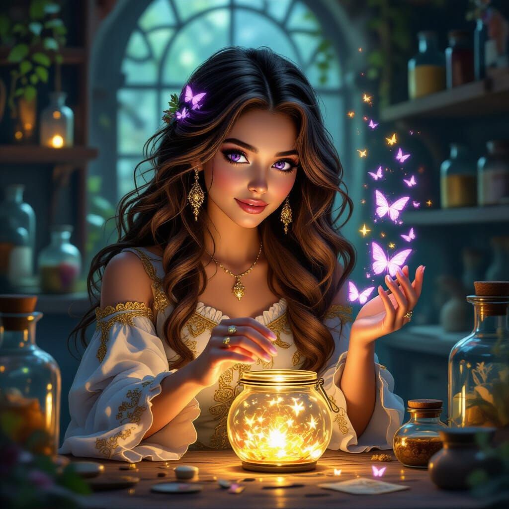 Magical Apothecary: Woman Releases Radiant Butterflies