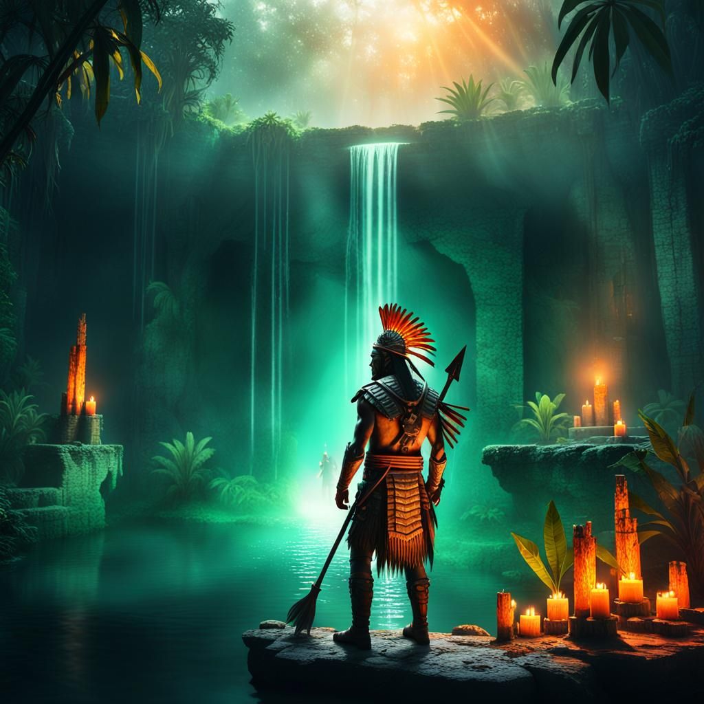 Mayan Warrior and Gods of Xibalba in Jungle