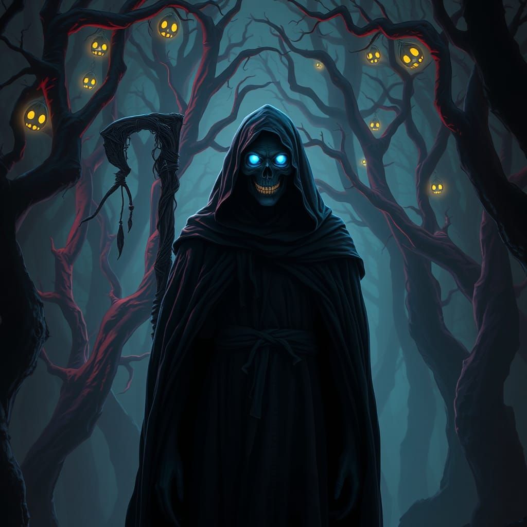 Grim Reaper in Dark Forest, Gothic Fantasy Art