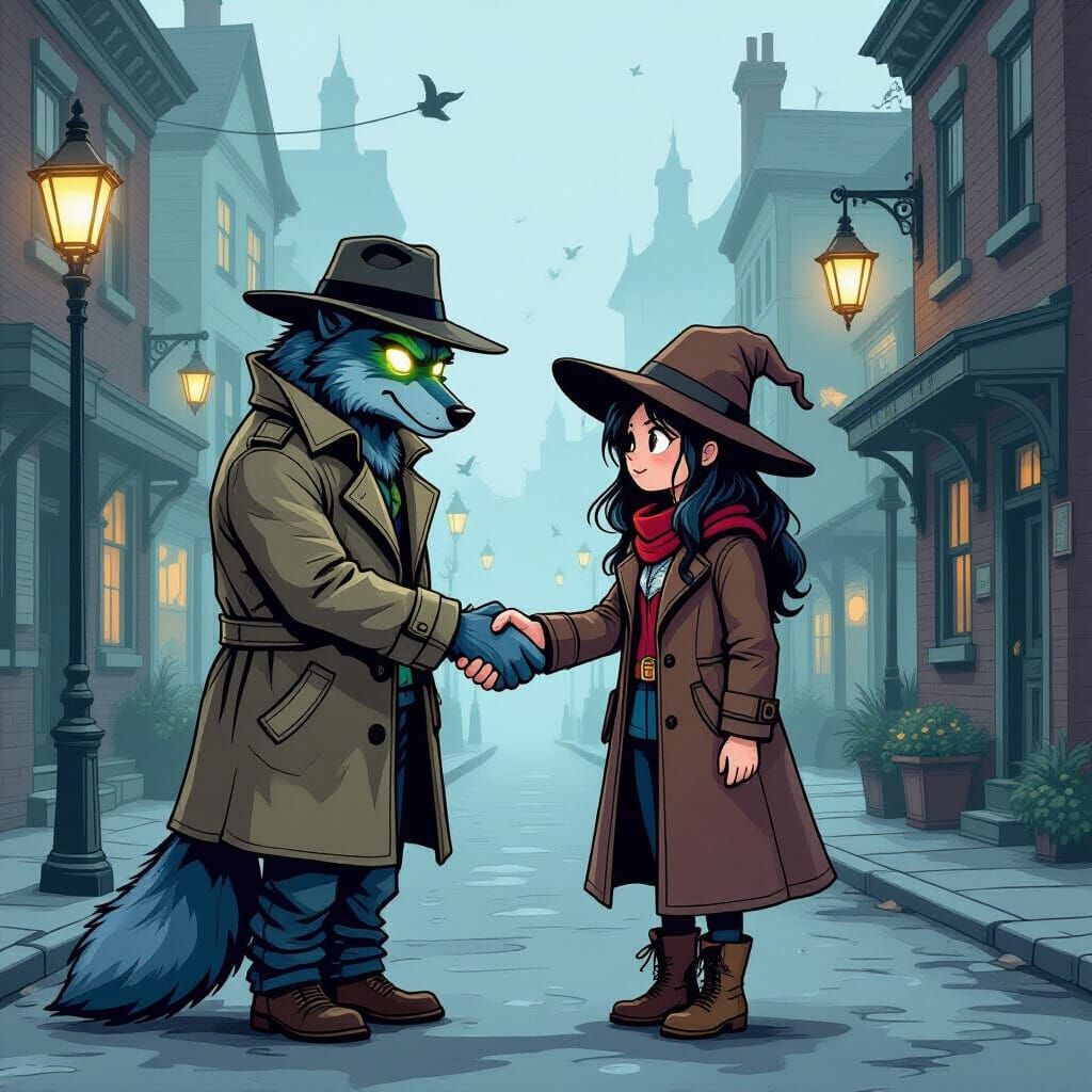 Friendly Werewolf Meeting on Foggy Street, Coloring Book Sty...