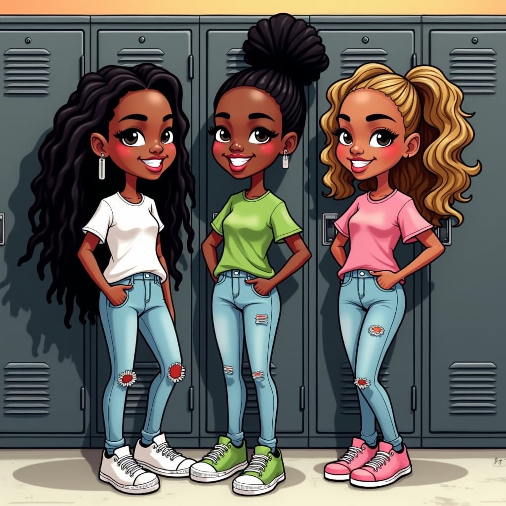 Vibrant Cartoon Girls in an Urban School Setting