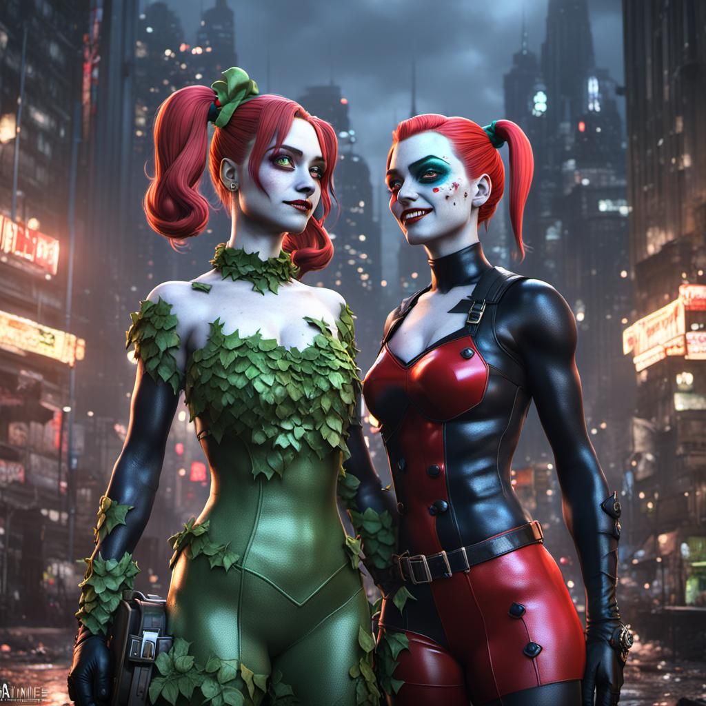Harley Quinn and Poison Ivy in Gotham: 3D Anime Art
