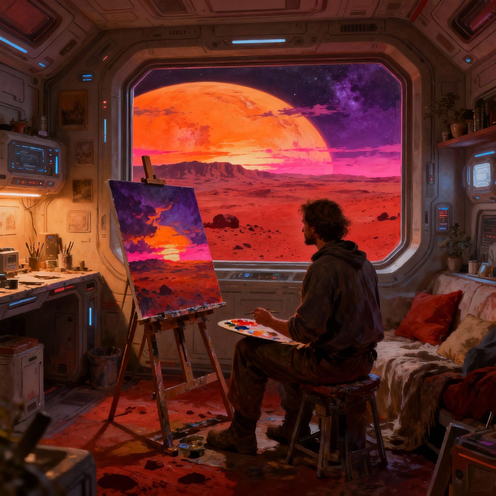 Artist Paints Martian Sunset in Cozy Habitat