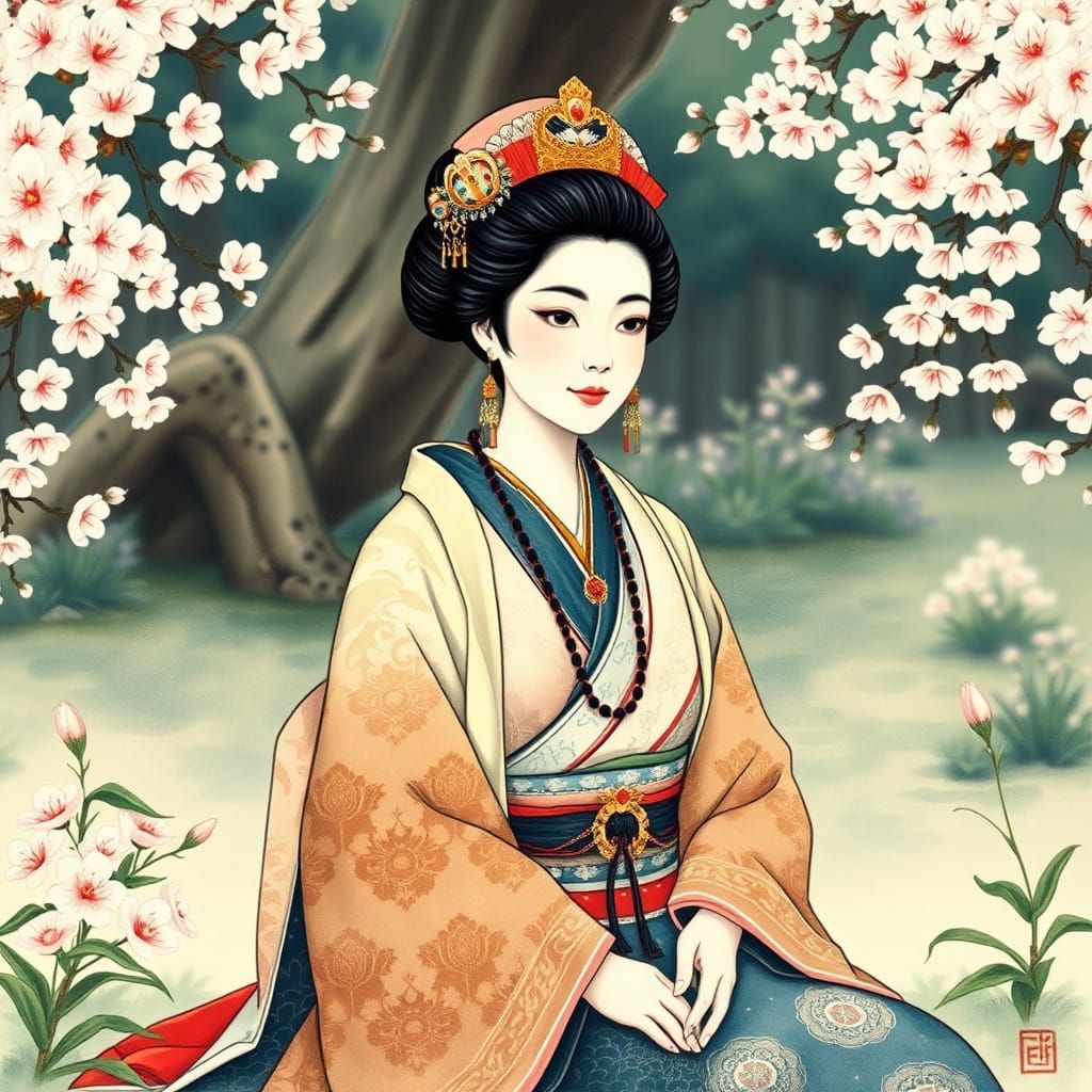 Heian-Era Queen in Traditional Japanese Garden