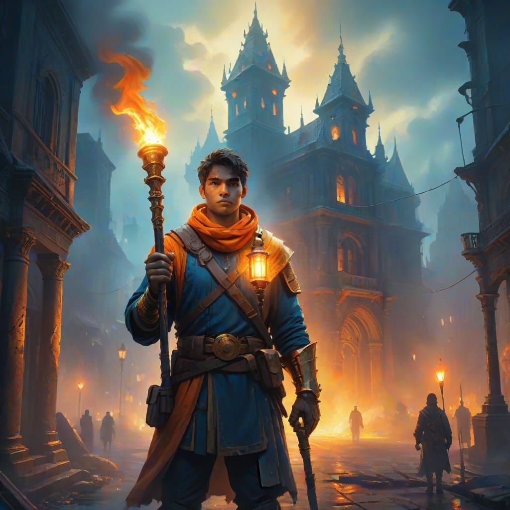 Torchbearer in Dark City: Fantasy Oil Painting