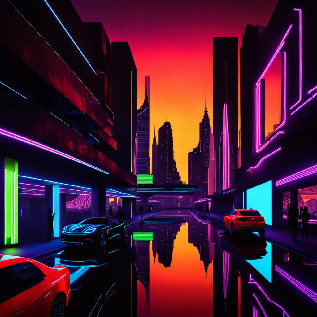 Futuristic Cityscape: Neon Silhouettes in a Sci-Fi World