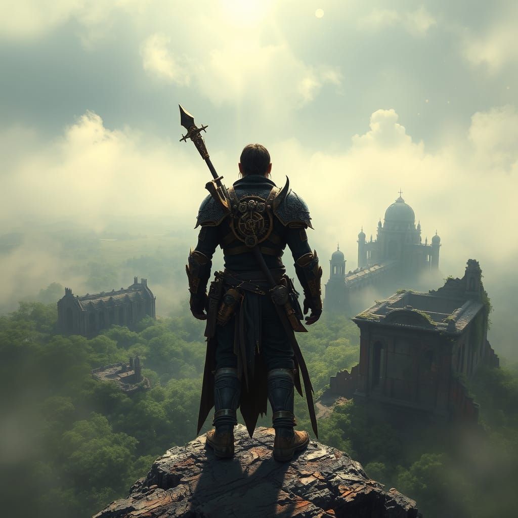 Steampunk Warrior Overlooking Ruined World in Dark Fantasy S...