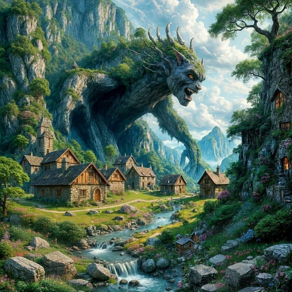 Colossal Stone Troll Awakens in Ethereal Fantasy Village