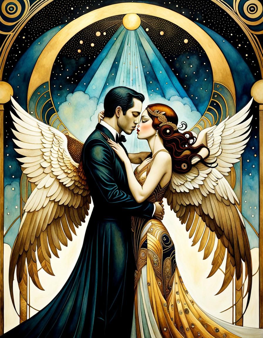 Art Deco Angels Kiss in Watercolor Style