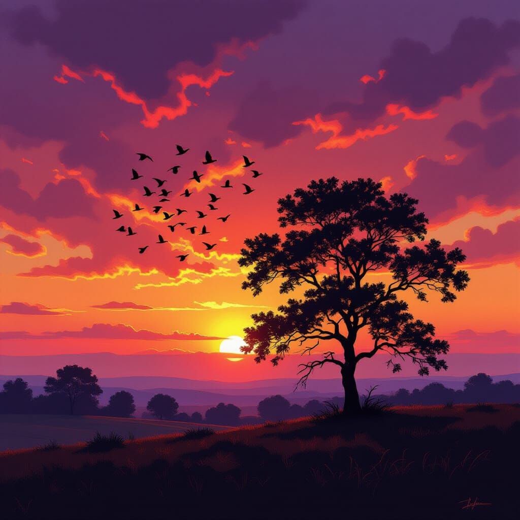 Vibrant Sunset with Birds Taking Flight