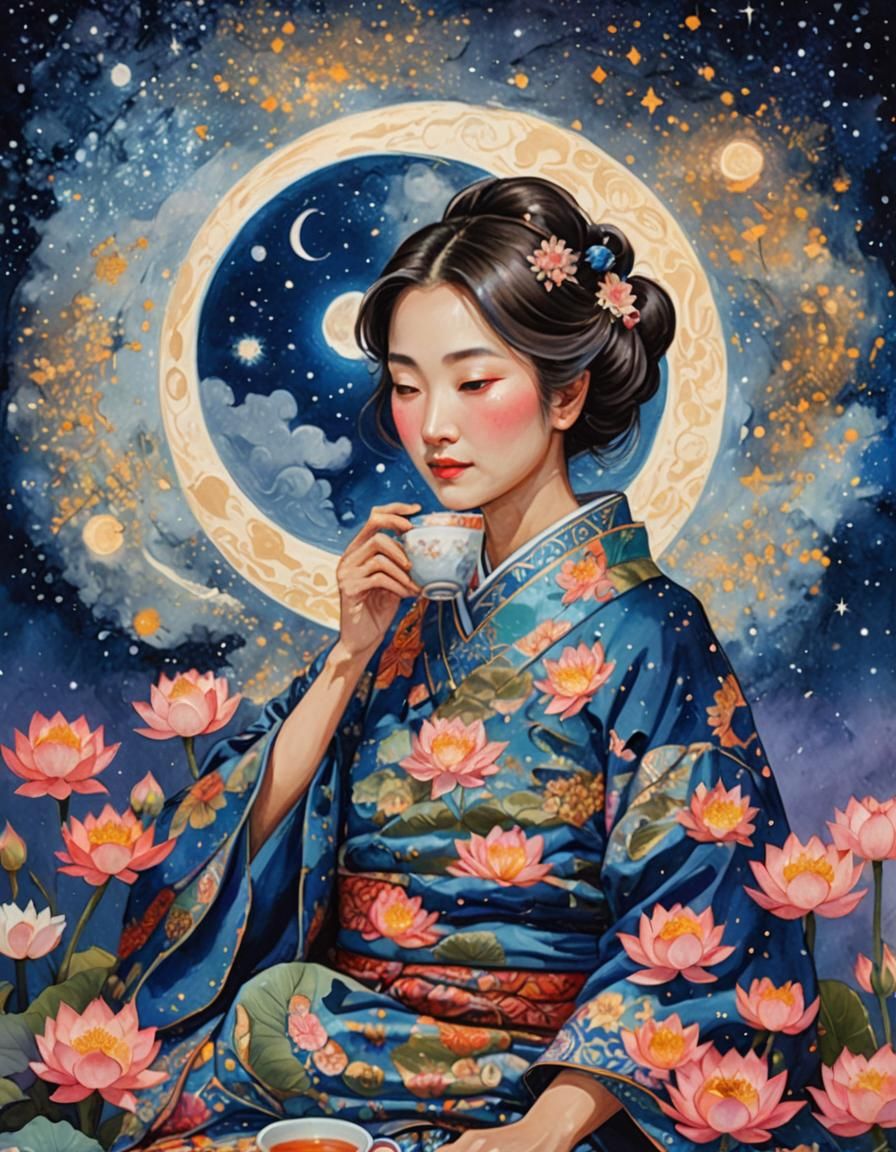 Woman Sipping Tea Under Galaxy, in Gouache Style