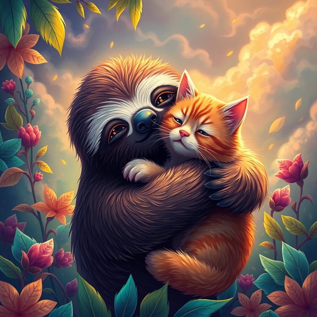 Whimsical Sloth and Cat Embrace in Dreamlike Foliage