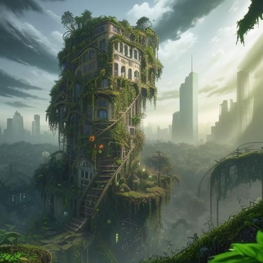 Overgrown Cityscape in Cinematic Cubist Style