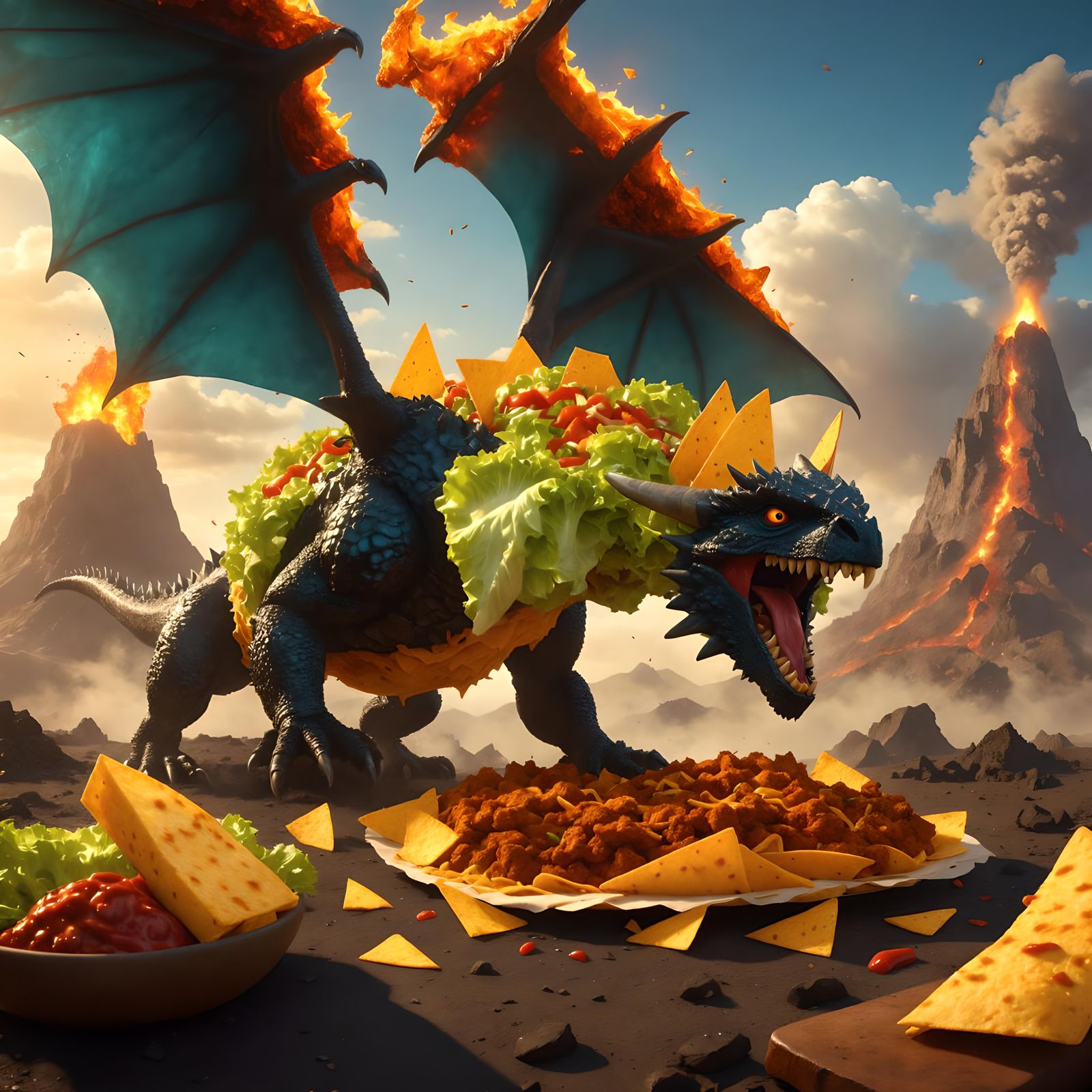 Burrito Dragon with Nacho Spikes and Cheese Eruption