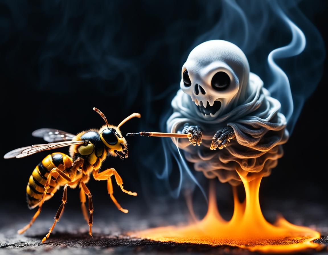 Macro Smoke Ghost Scares Wasp with Fire
