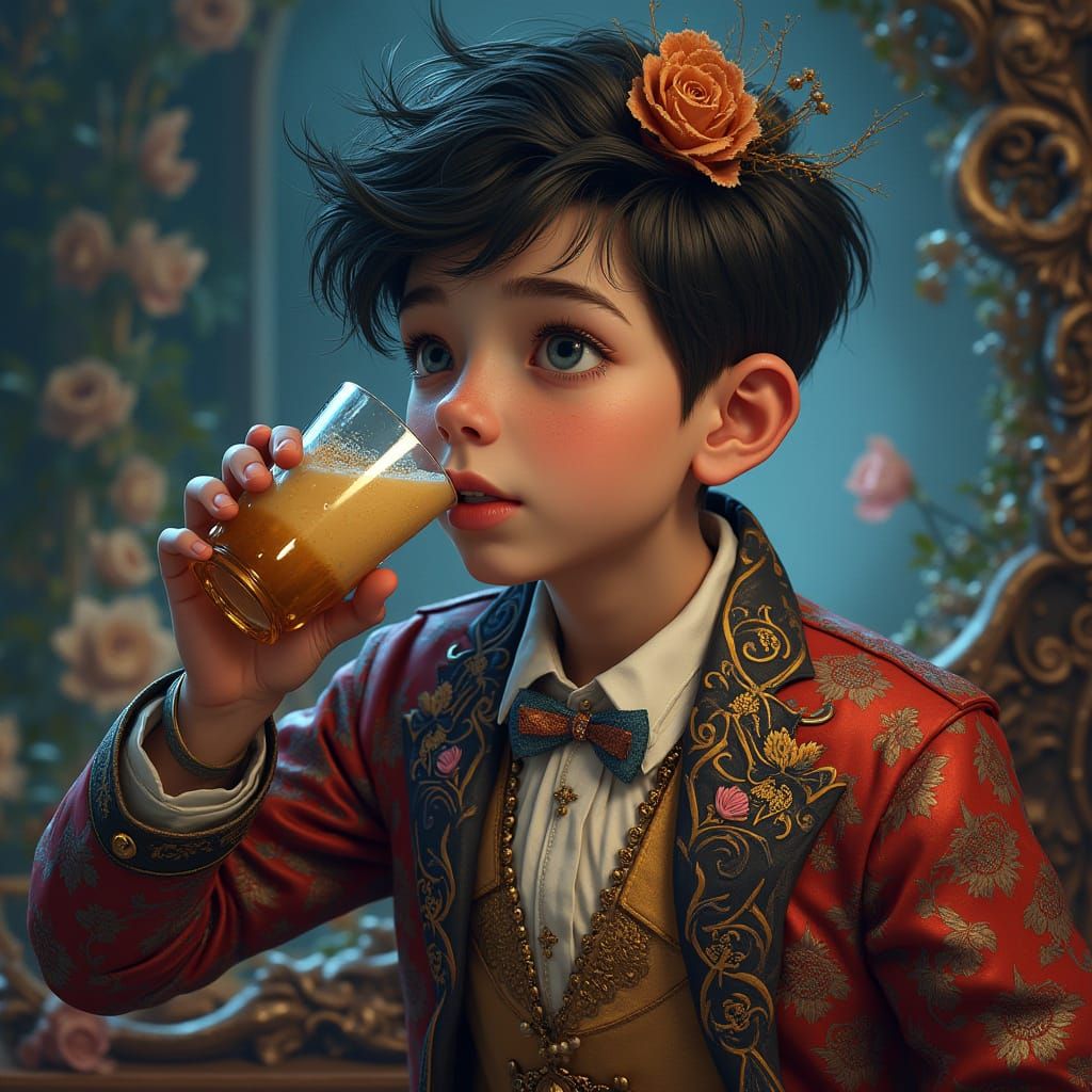 Boy Savoring Cosmic Nectar in Vibrant Realism