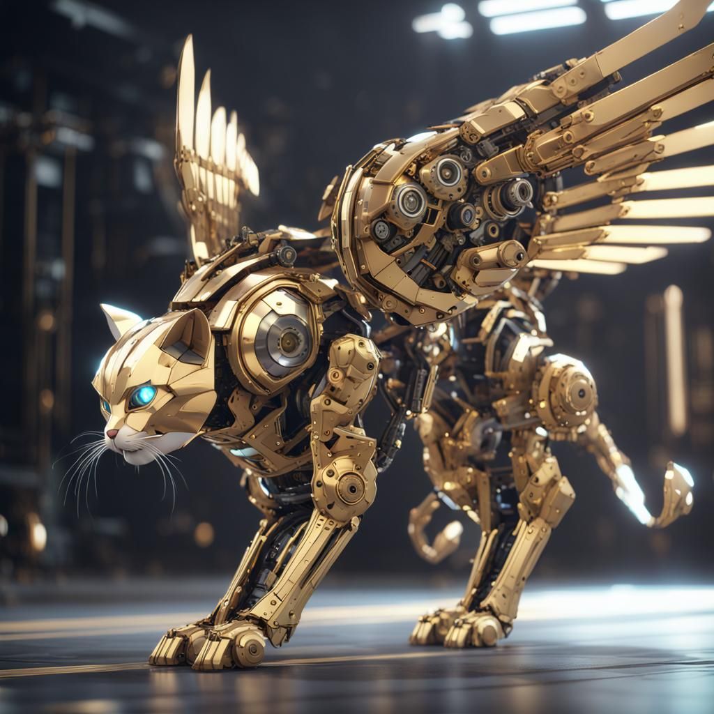 Futuristic Armored Robot Cat with Mechanical Wings