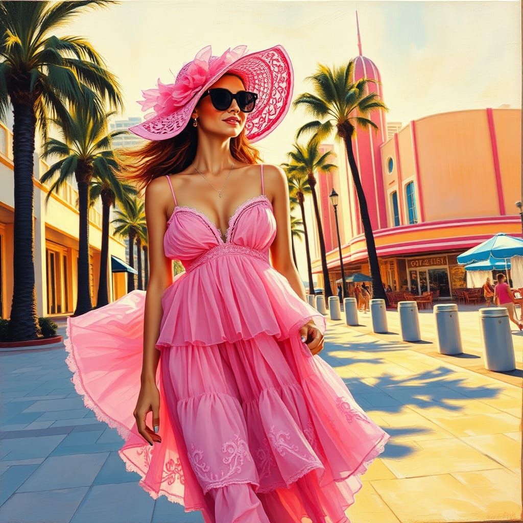 Woman in Pink Dress on Beach, Impasto Style