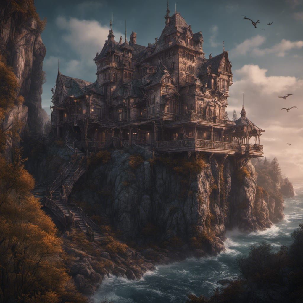 Scary Hotel by the Cliff: Fantasy Concept Art