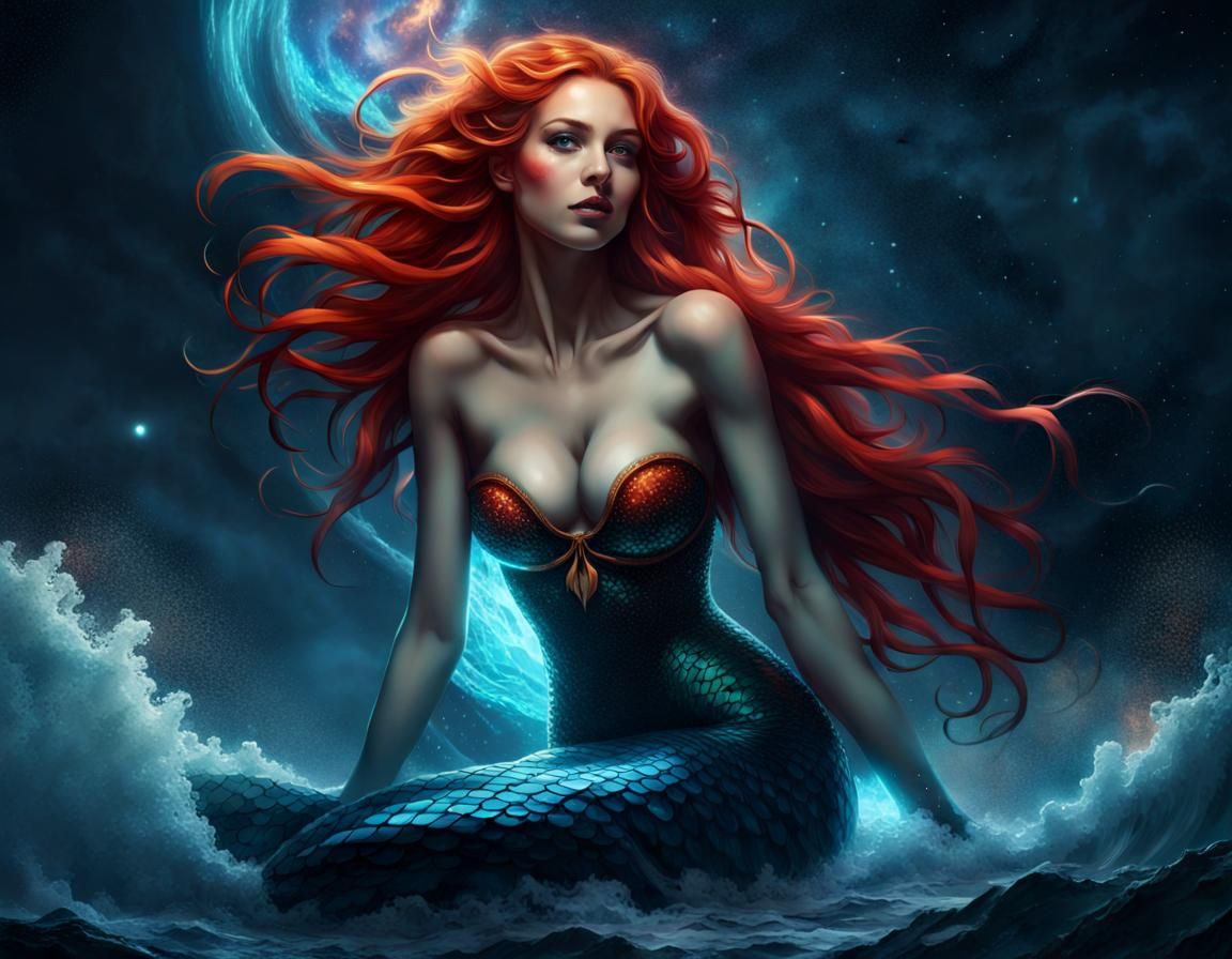 Bioluminescent Mermaid in Stormy Sea, Fantasy Art