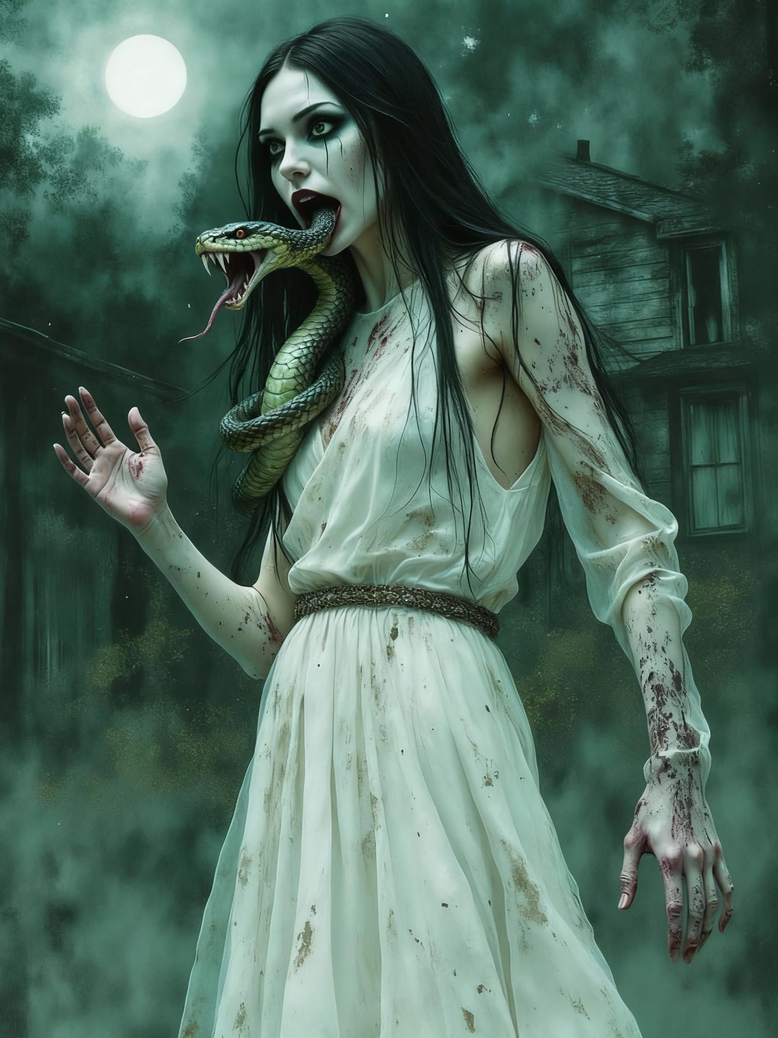 Asian Demon Ghost Portrait with Snake Fangs and Claws