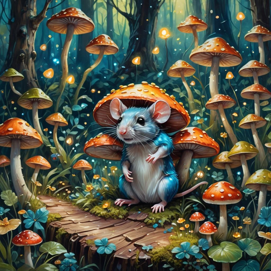 Cute Mouse in Whimsical Fantasy Forest, as Oil Painting