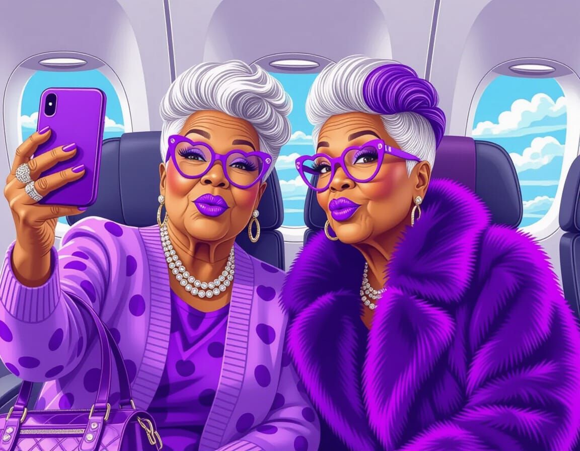 Fashionable Elderly Women Take Airplane Selfie