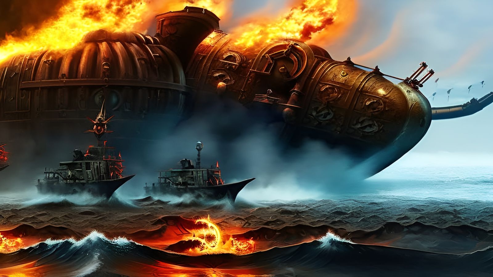 Steampunk Submarine Ablaze in Tentacled Ocean