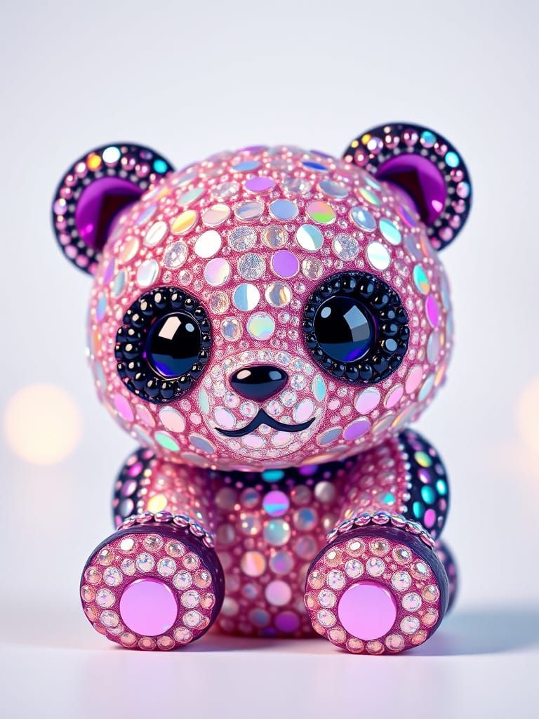Iridescent Beaded Panda Sculpture in Vibrant Style