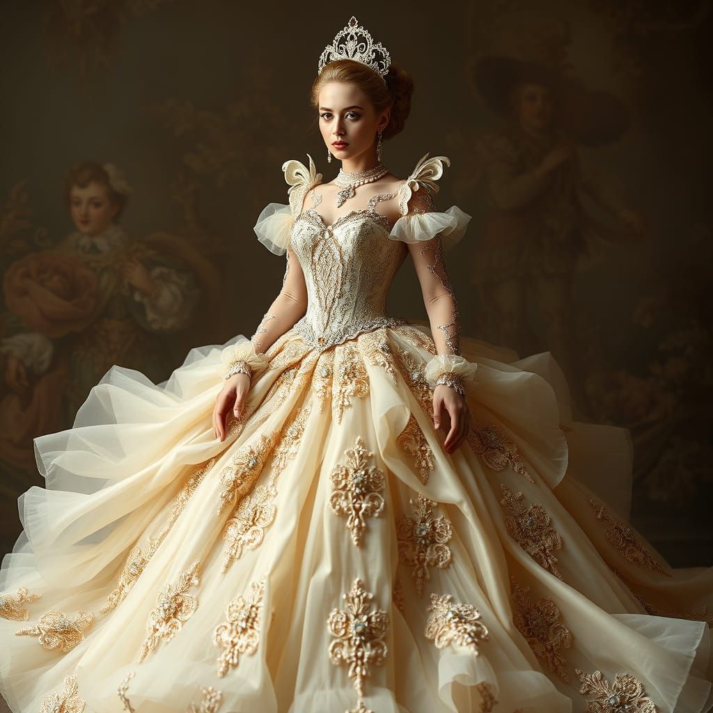 Enchanting Rococo Ball Gown in Luxurious Silks and Embroider...