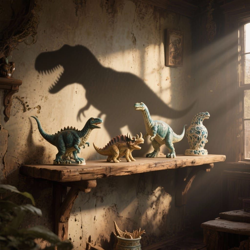 Ceramic Dinosaurs on Shelf with Looming T-Rex Shadow