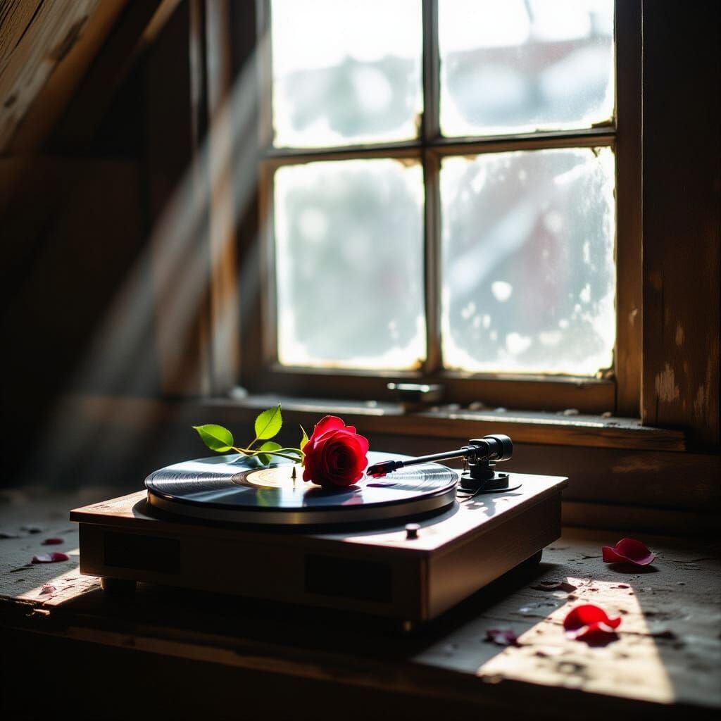 Vintage Record Player with Crimson Rose in Attic Light