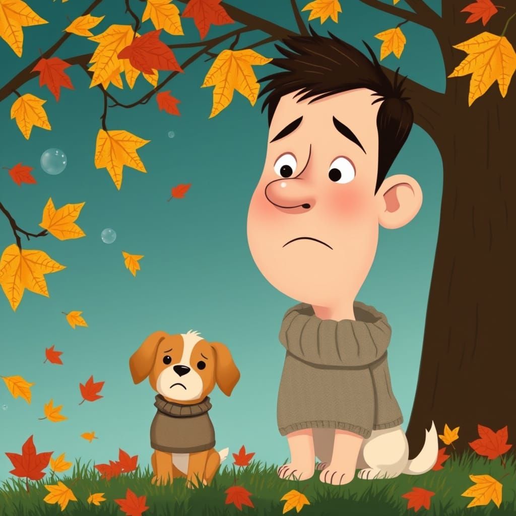 Unhappy Person with Dog in Autumn, Whimsical Style