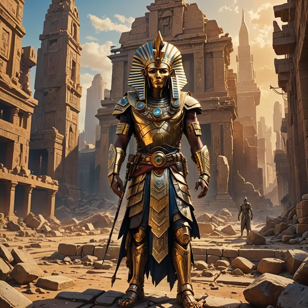 Pharaoh Meets Time Traveler in Ruined Cityscape