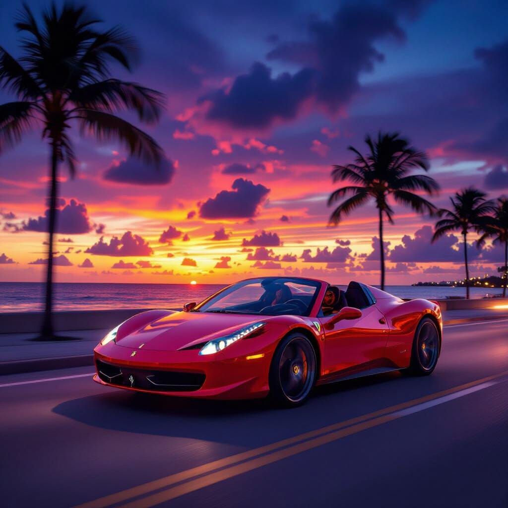 Red Ferrari Speeds Through Miami at Sunset