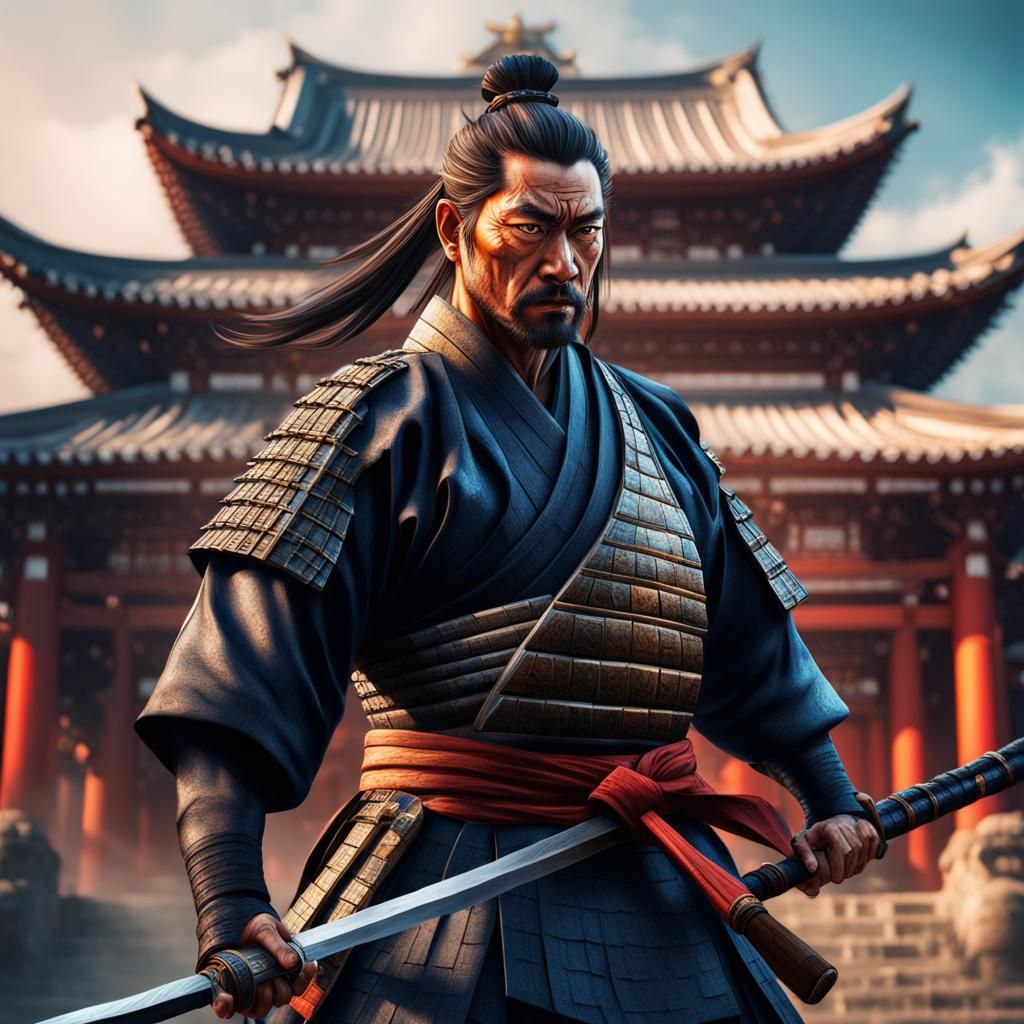 Dynamic Samurai with Katana in Hyperrealistic Style