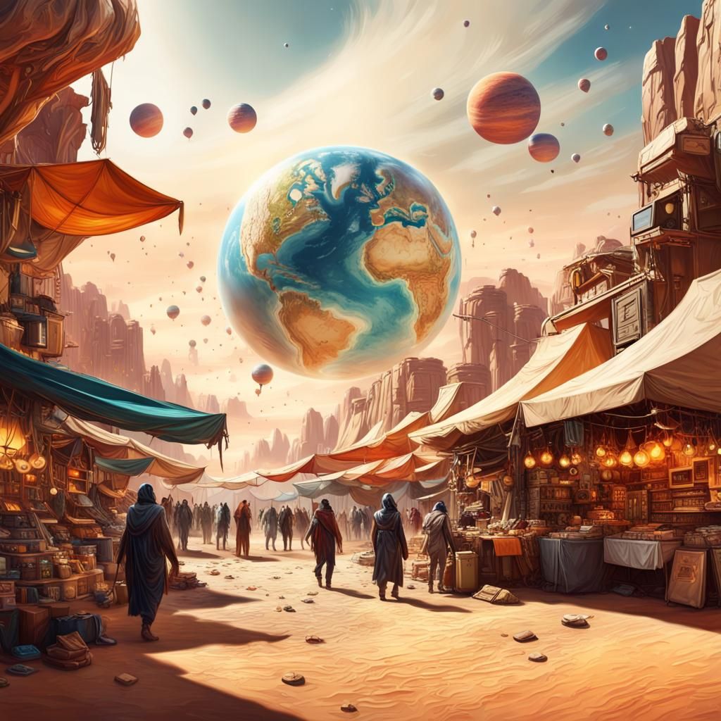 Alien Desert Trading City in Hyperrealistic Style