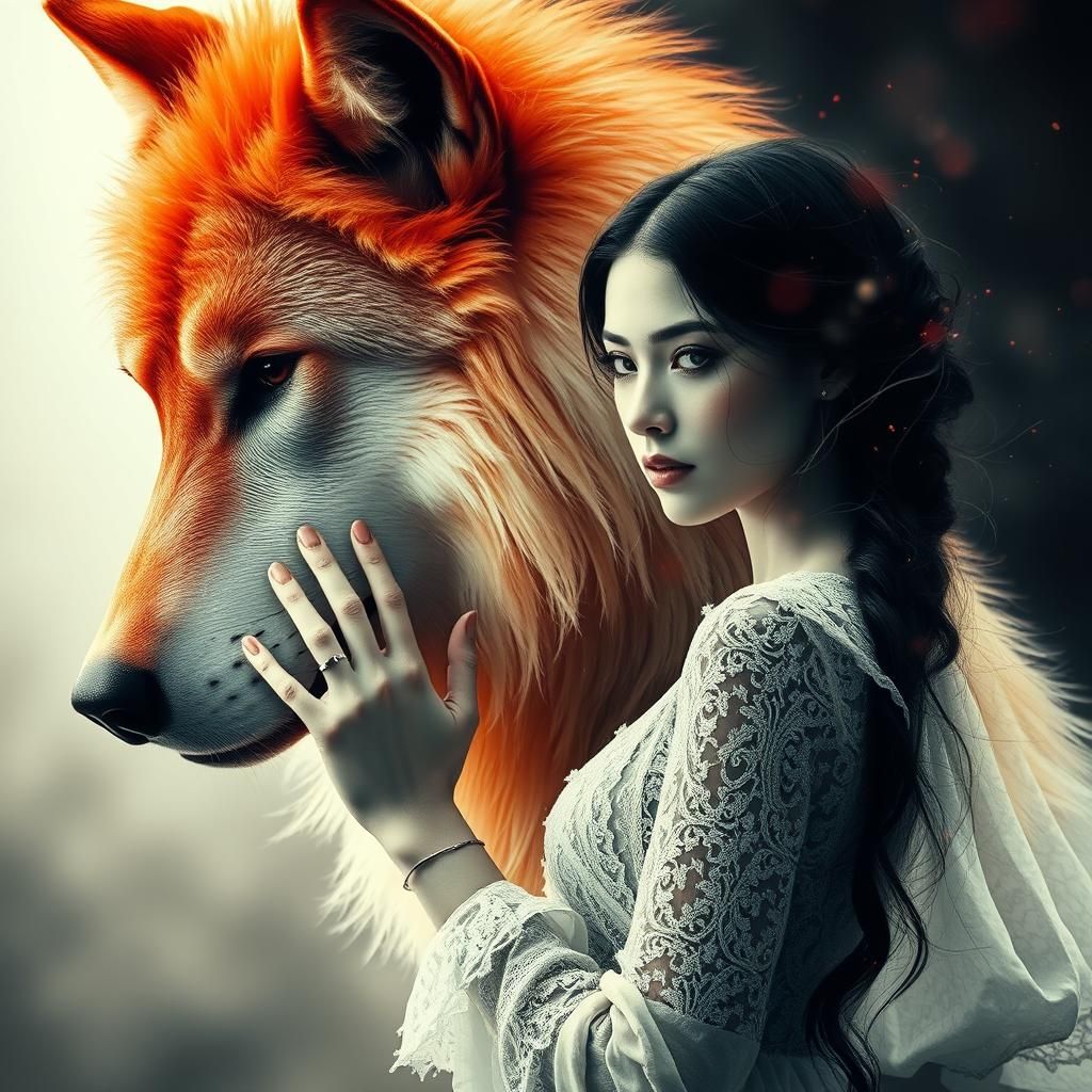 Woman and Wolf in Ethereal Crimson Haze