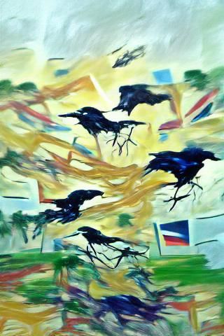 Crows in Flight: Semi-Abstract Expressionist Painting
