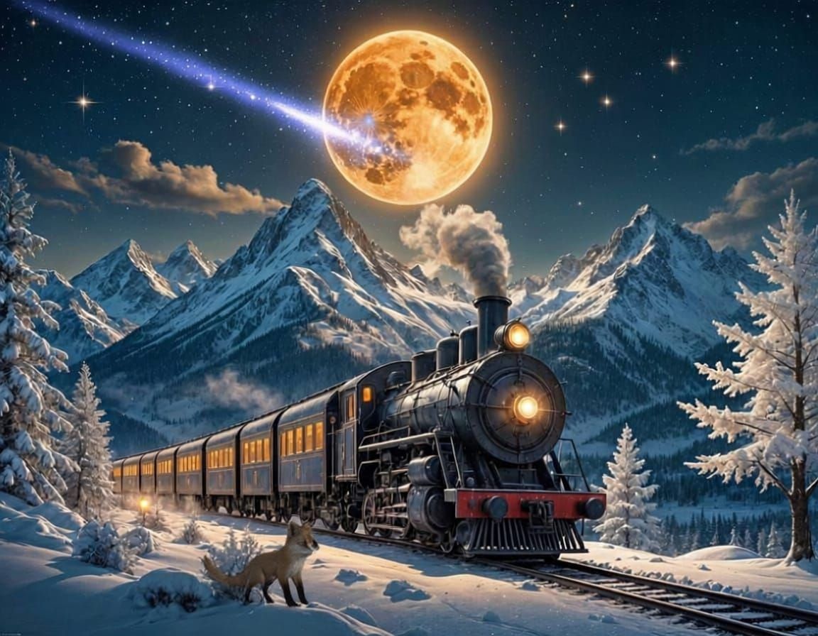 Magical Winter Train Journey Under Harvest Moon